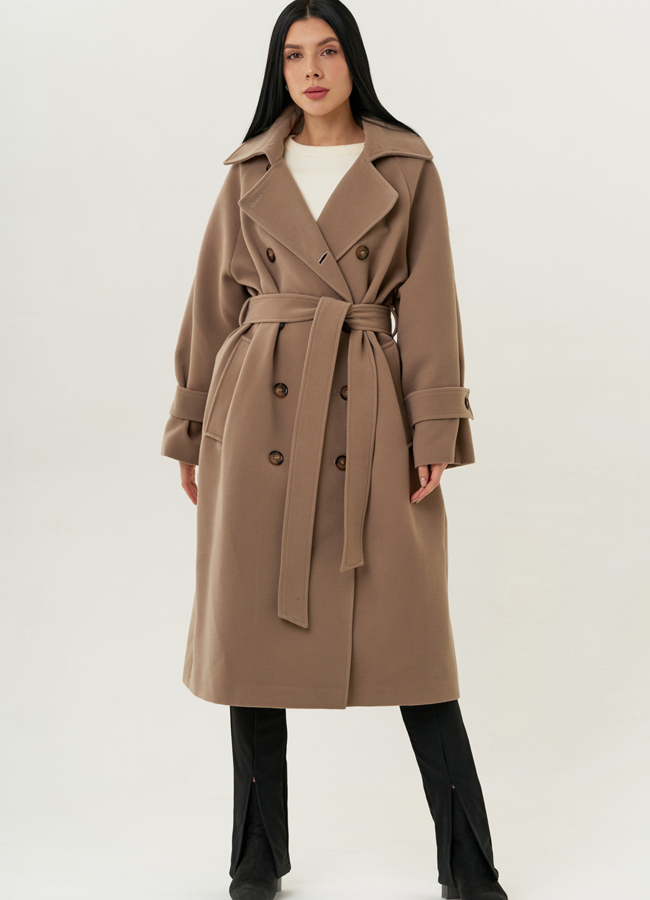 Женское двубортное полупальто с поясом модель № 22266 в кредит