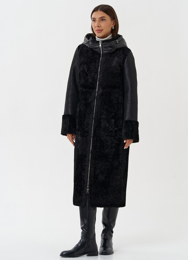 фото Двухсторонняя дубленка из эко кожи с капюшоном модель № 28563