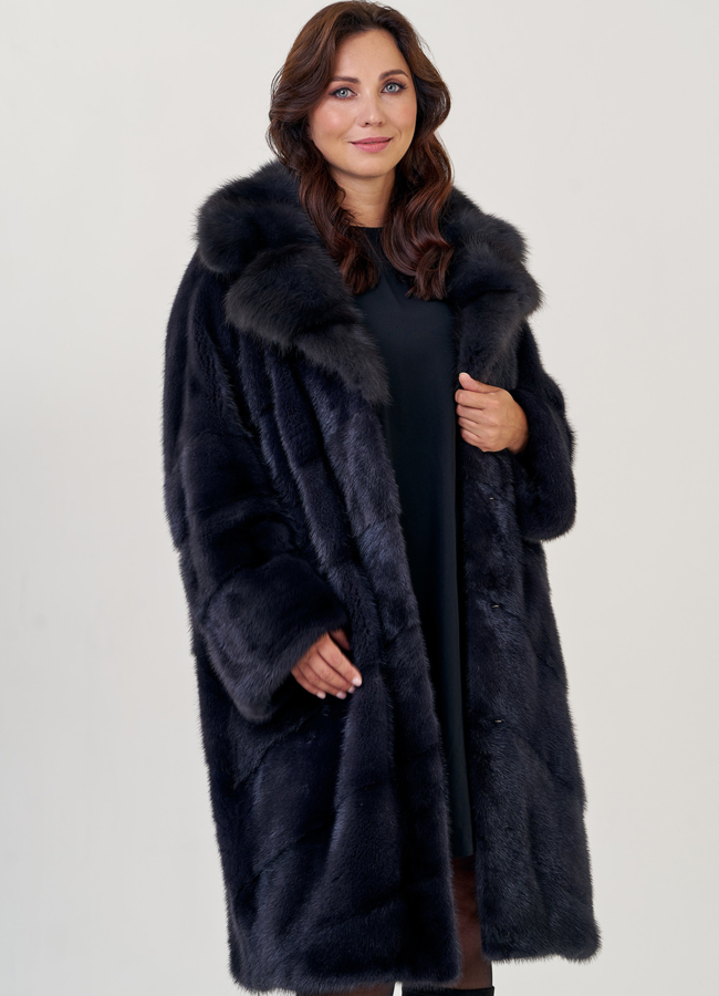 Удлиненная шуба из норки в цвете графит с отделкой из куницы модель № 23093 универмаг малина