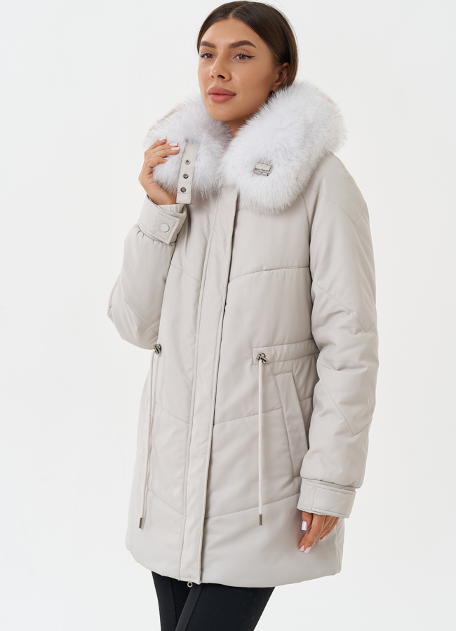 Женский пуховик из эко кожи модель № 27725 меха малина