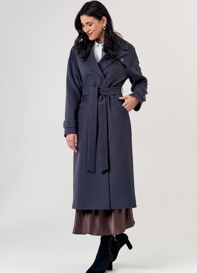 Женское пальто в сером цвете с поясом модель № 21374 в кредит