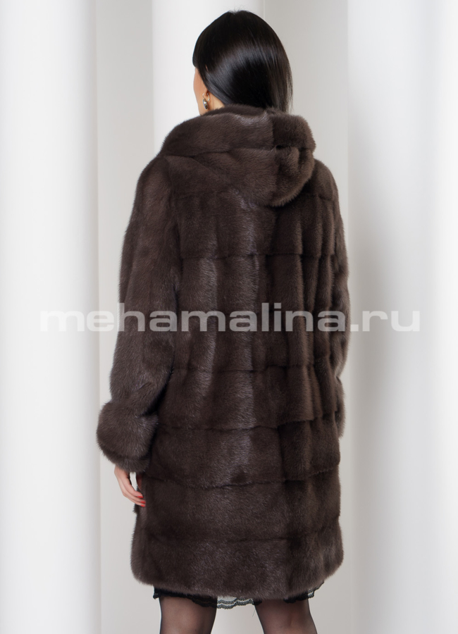 Норковая шуба в поперечном раскладе с капюшоном в цвете капучино модель № S-762 в рассрочку
