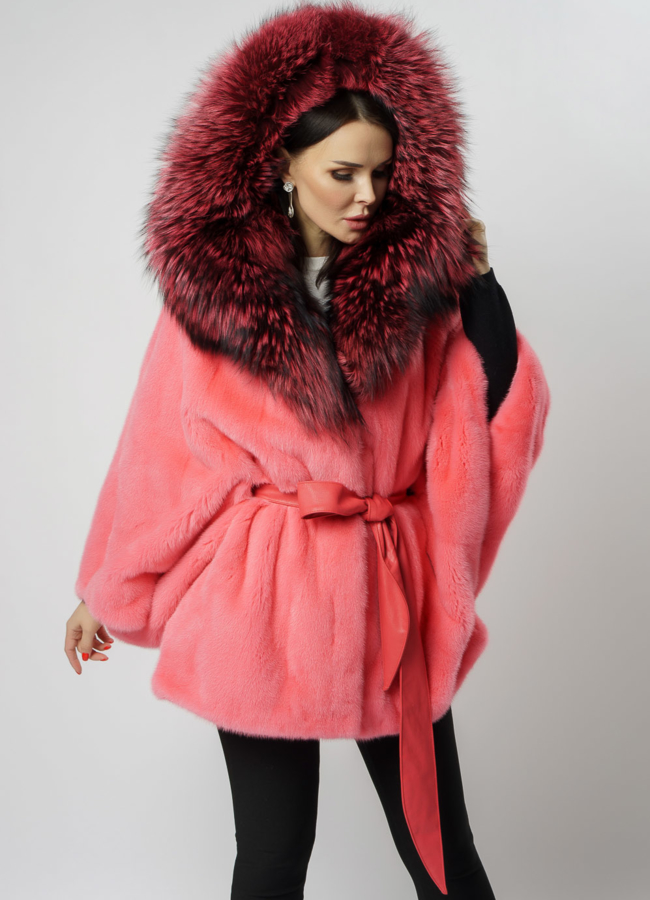 Укороченная норковая шуба с капюшоном в розовом цвете модель № 2012-8 универмаг малина