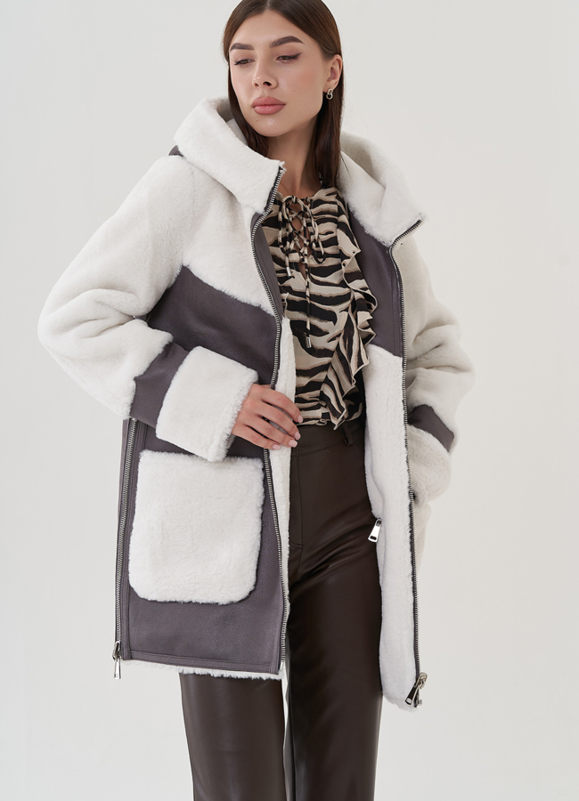 Дубленка в цвете графит с капюшоном модель № 25401 универмаг малина