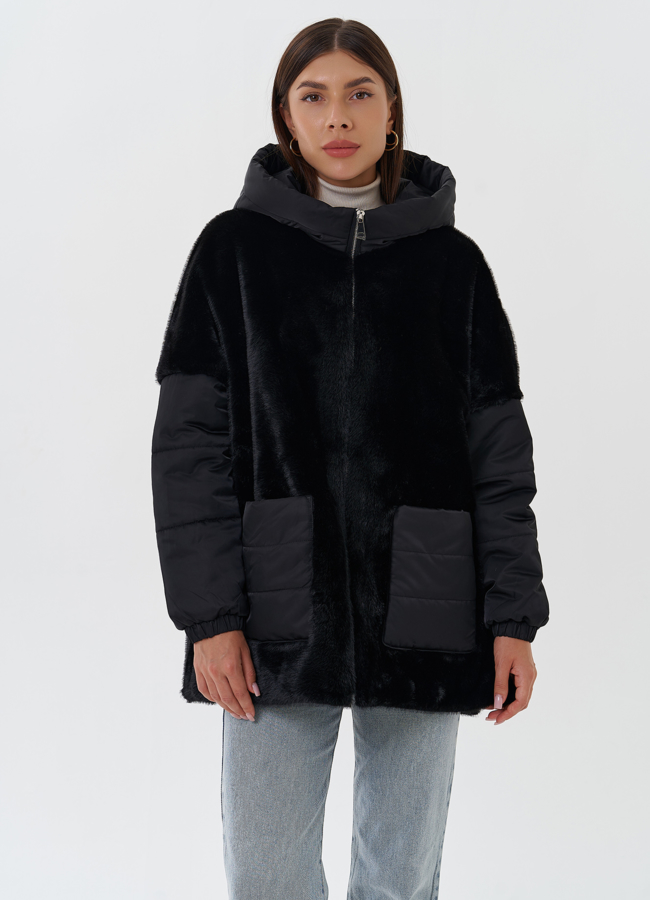 фото Женская комбинированная куртка с капюшоном модель № 27746