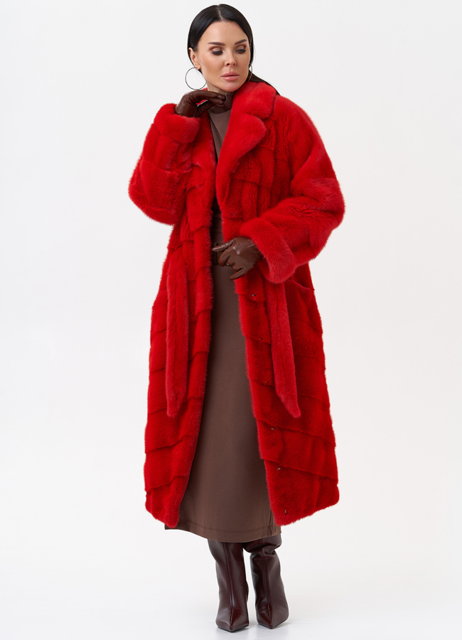 Длинная красная шуба из норки модель № 26244 универмаг малина