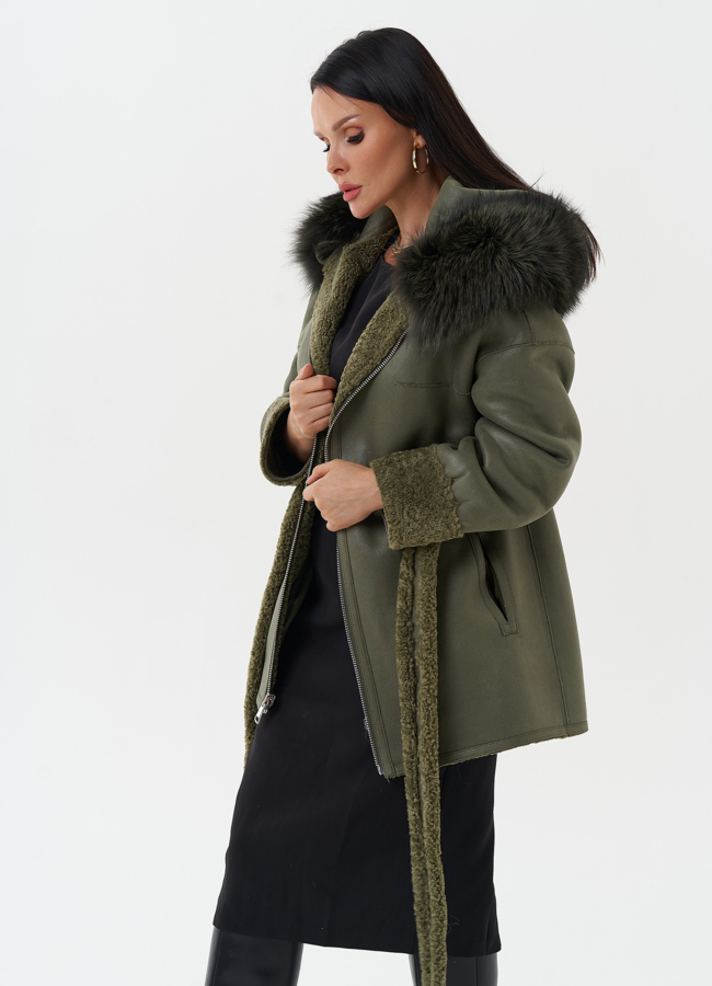 Эко дубленка с капюшоном из меха чернобурки модель № 27771 в рассрочку