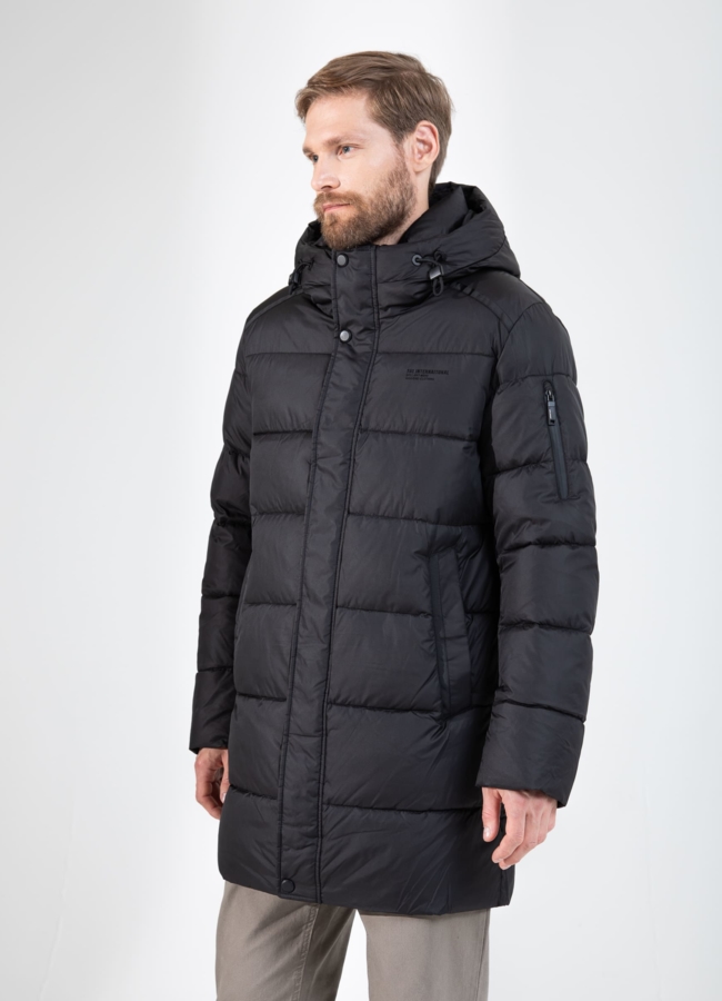 Мужской пуховик черного цвета с капюшоном  модель № 25906 в рассрочку