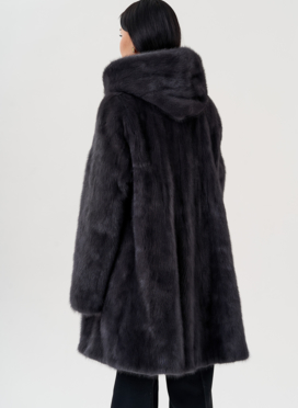 Норковая шуба балетка, в цвете графит с капюшоном