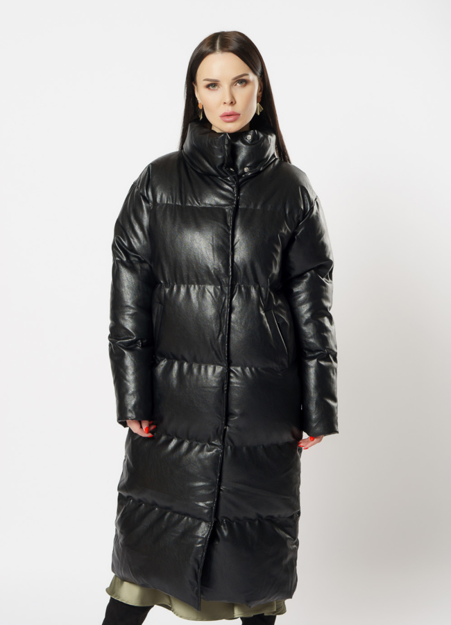 Пальто женское из экокожи черного цвета модель № 718-1 в кредит