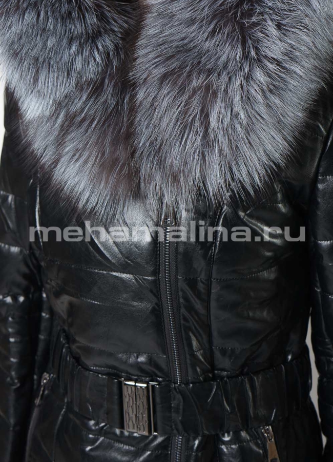 Пуховик из эко кожи на молнии с капюшоном модель № 1915 универмаг малина