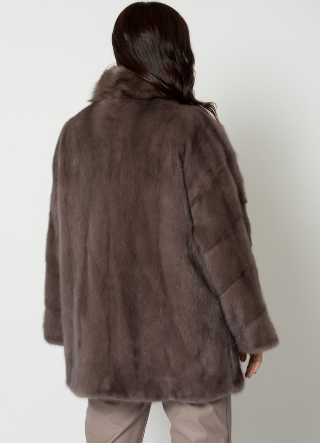 Норковая шуба с воротником стойкой с отделкой из куницы модель № 21602 в кредит