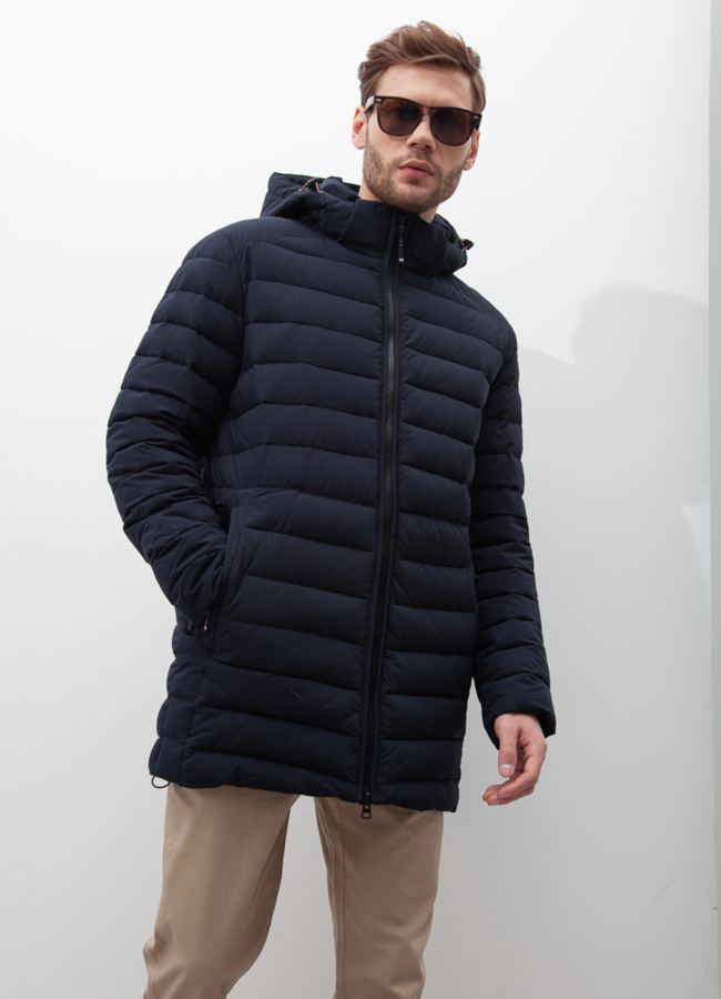 Пуховик мужской в синем цвете с капюшоном модель № 20996 меха малина