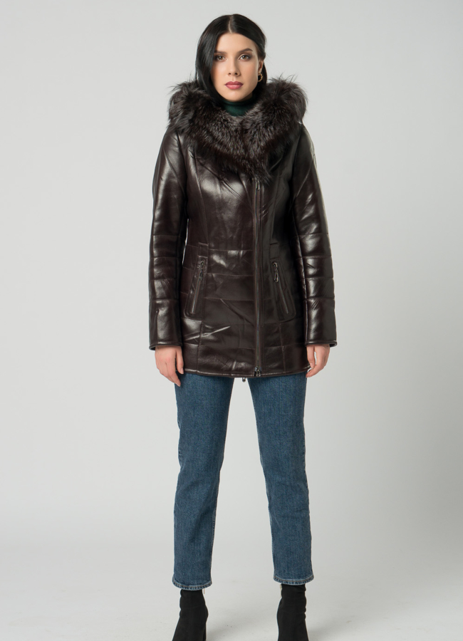 фото Дубленка из эко кожи коричневого цвета с капюшоном модель № 12464