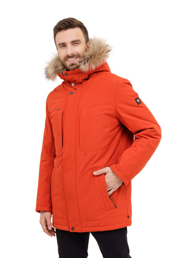 Мужской пуховик с отделкой из енота  модель № 23724 меха малина