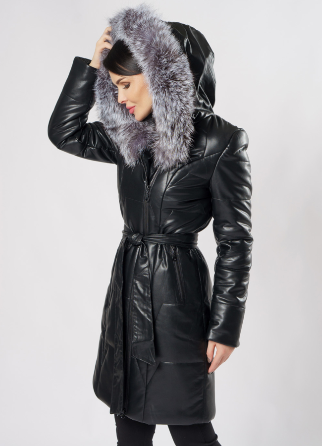 Пуховик из эко кожи с капюшоном модель № 19223 в рассрочку