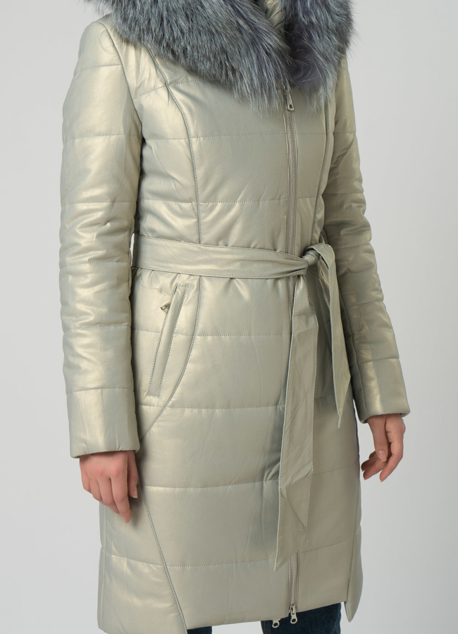 Пуховик из эко кожи с чернобуркой модель № 19073 универмаг малина