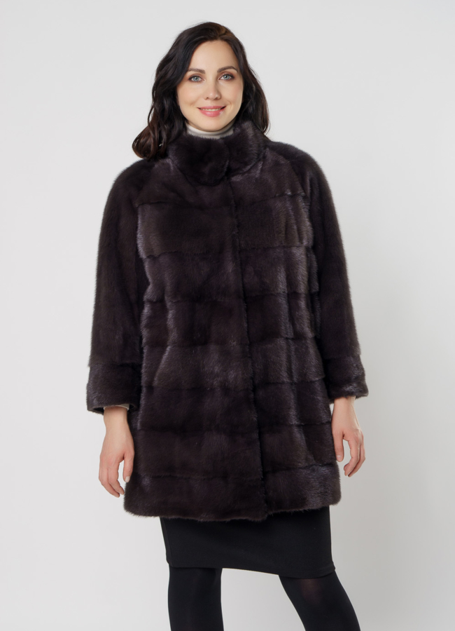 фото Шуба из норки с воротником стойка в поперечном раскладе модель № 8010