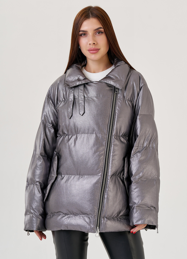 Серебристый пуховик Malina Siberian из эко кожи модель № 79214 в рассрочку