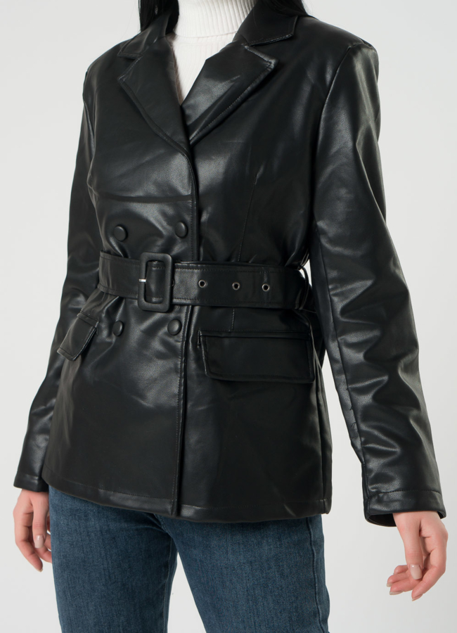 Женский пиджак черного цвета с поясом из эко кожи модель № 22408 универмаг малина