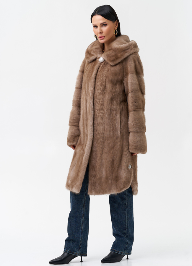 Шуба из норки бежевого цвета с капюшоном модель № 27773 универмаг малина