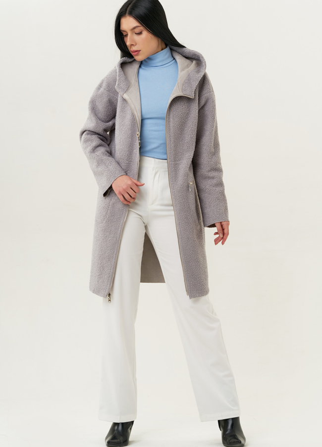 Женское двустороннее полупальто из эко замши светло-серого цвета модель № 22289 универмаг малина