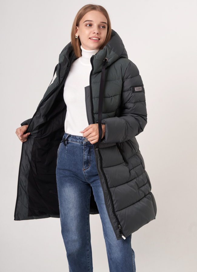 фото Пуховик серого цвета на молнии с капюшоном модель № 209