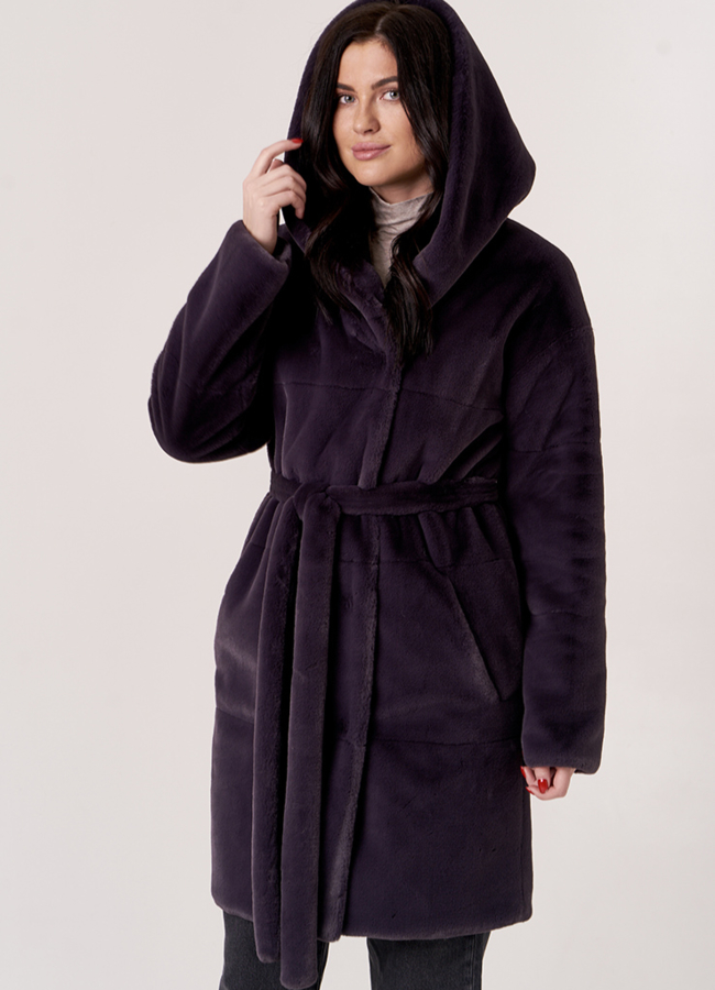 Двусторонняя шуба из эко меха с капюшоном модель № 19352 в рассрочку