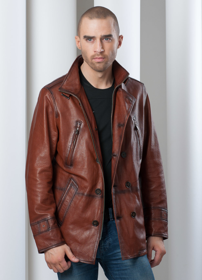 фото Кожаная куртка с затемненными швами, цвет рыжий модель № KP-36