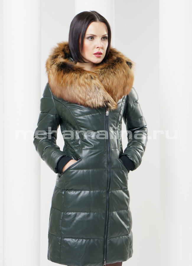 Пуховик кожаный с капюшоном модель № П-39 универмаг малина