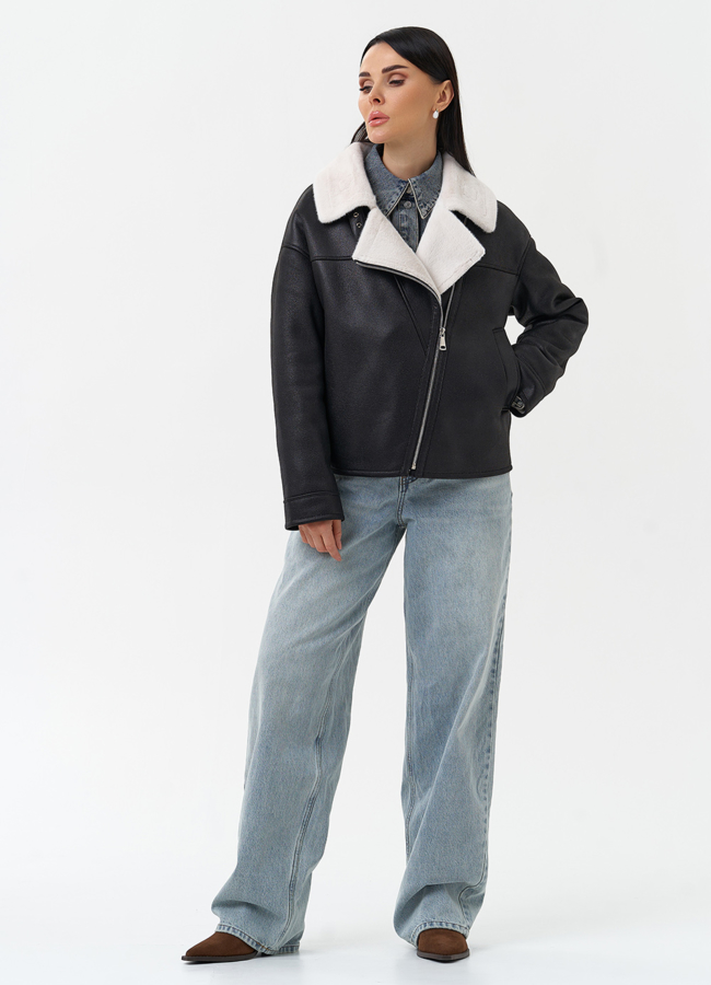 Короткая дубленка из эко замши черного цвета модель № 30207 в кредит