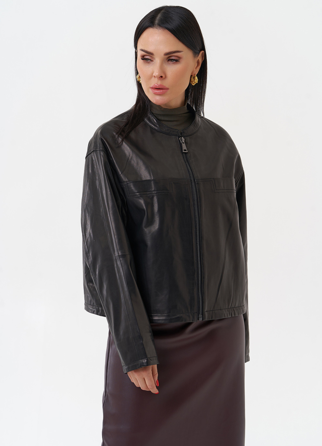 Кожаная куртка бомбер модель № 29905 меха малина