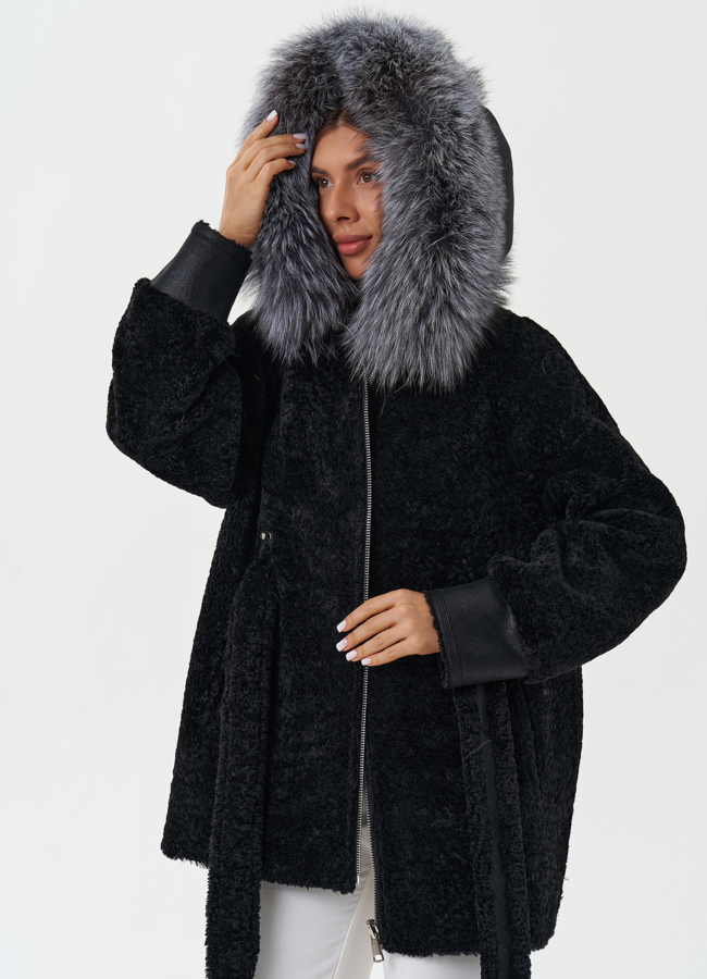 Двухсторонняя дубленка из эко кожи с капюшоном модель № 27772 универмаг малина