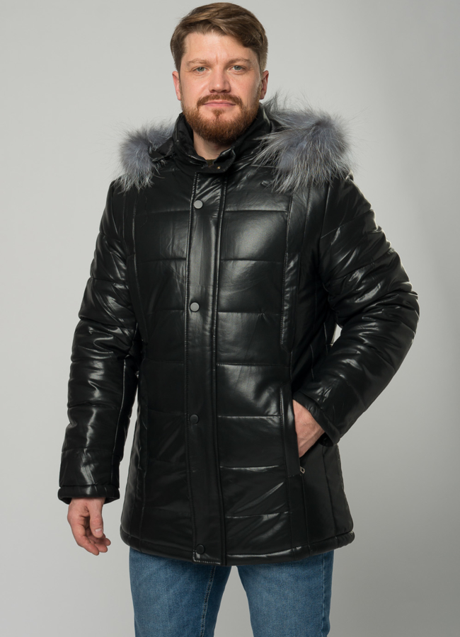 Мужской пуховик из эко кожи с капюшоном модель № 21877 универмаг малина