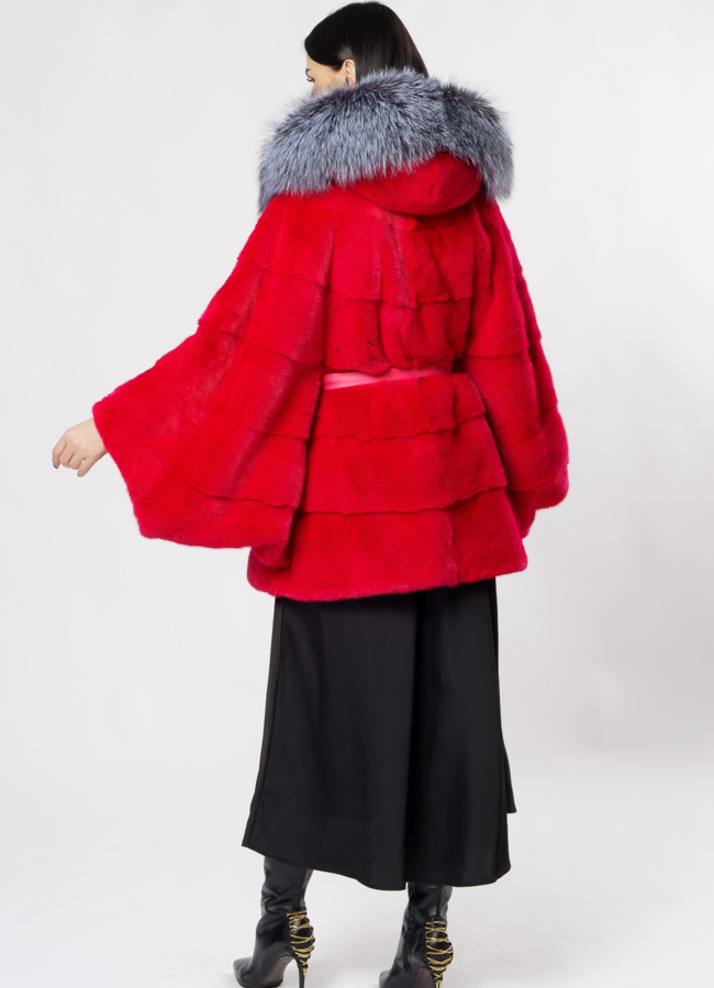 Норковая шуба красного цвета с капюшоном  модель № 2012-8 в кредит