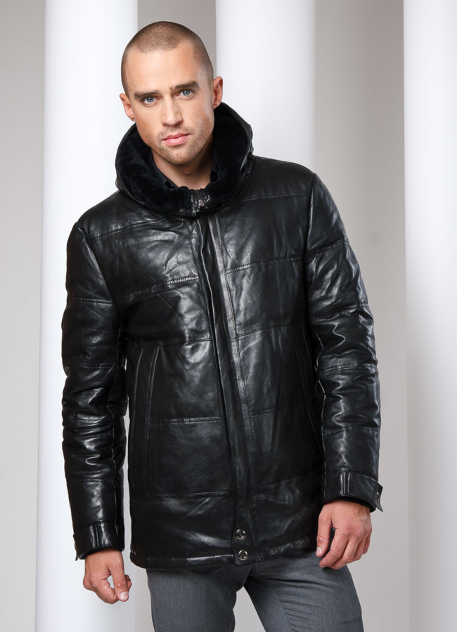 фото Кожаный пуховик с капюшоном. модель № ПМ-6