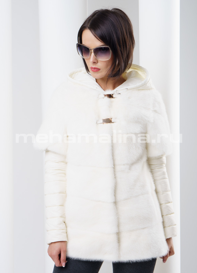 Белоснежная шуба из норки модель № S-276 меха малина