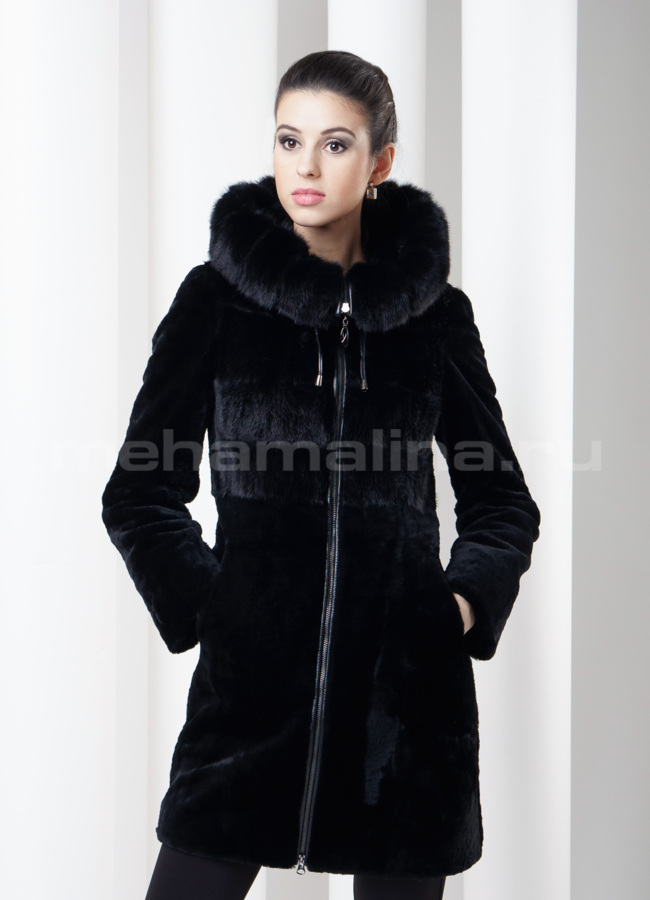 Шуба мутон, манишка норка модель № S-131 меха малина