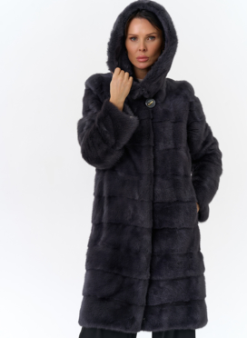 Норковая шуба в цвете графит с капюшоном 