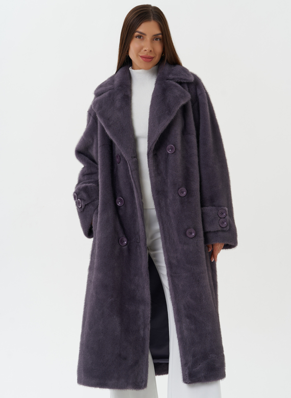 Длинное пальто из эко меха с поясом