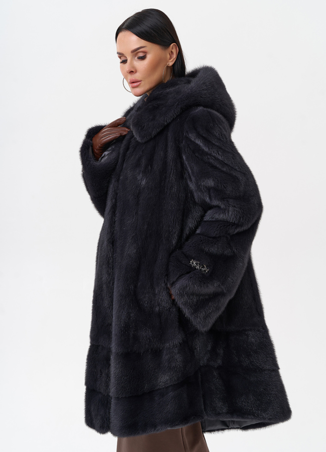 фото Норковая шуба с капюшоном  модель № 29096