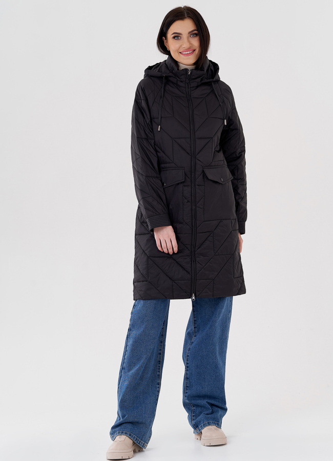 фото Женское полупальто с капюшоном черного цвета  модель № 24332