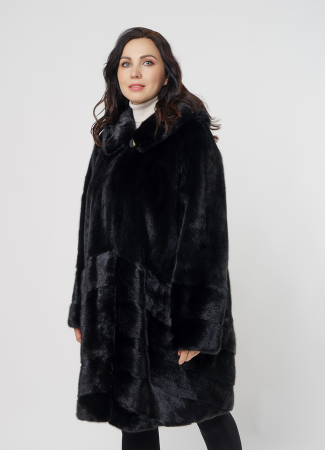 Шуба баллон из норки с капюшоном модель № 3018 меха малина