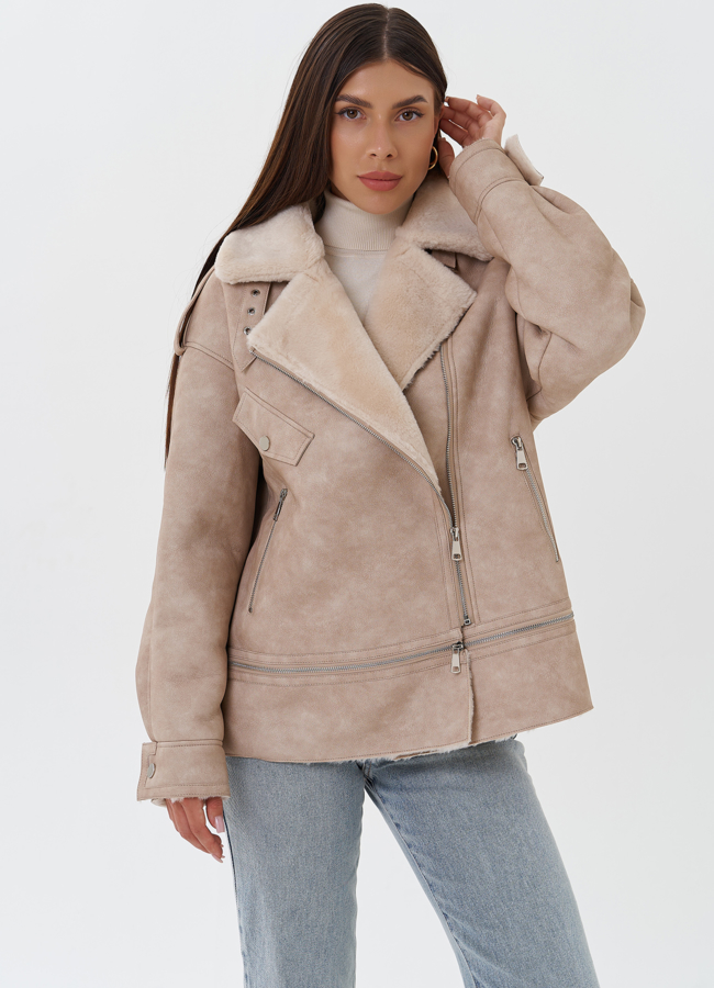 Женская дубленка из эко кожи с английским воротником модель № 27752 меха малина