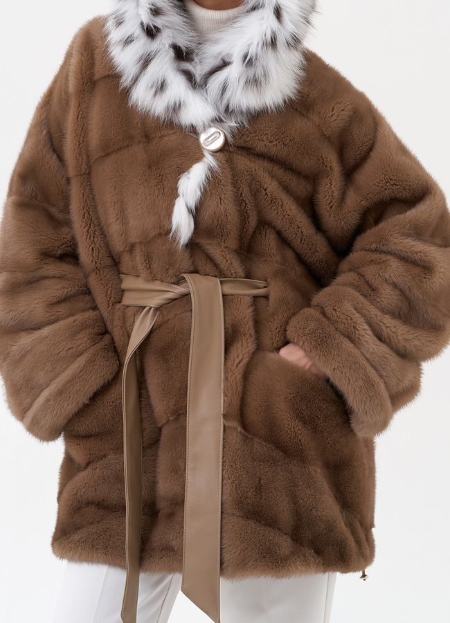 Короткая шуба из норки с рысью модель № 29523 универмаг малина