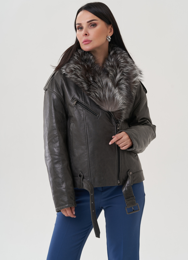Куртка из натуральной кожи с отделкой из меха чернобурки модель № 25375 в кредит