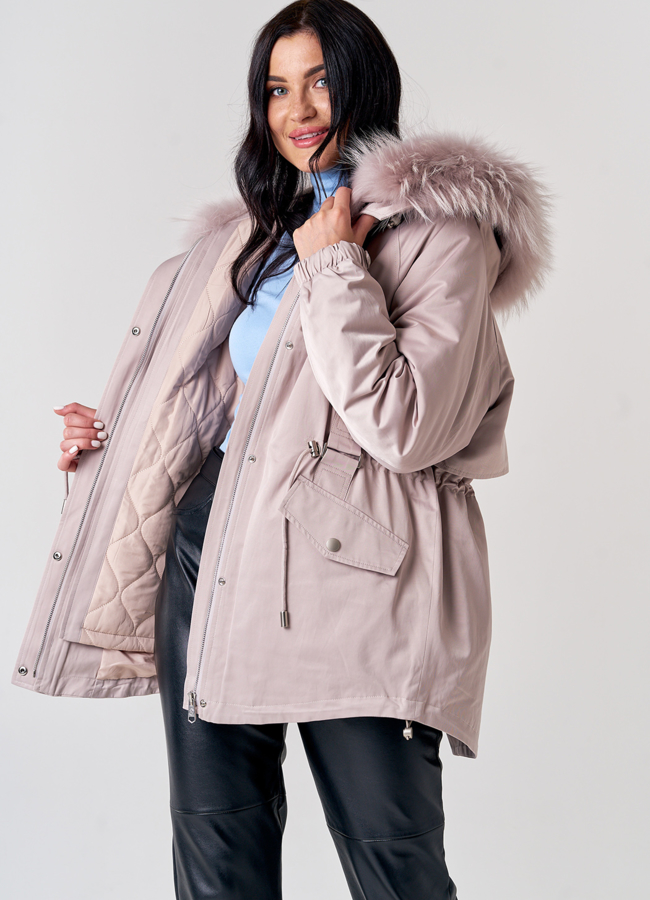 Женская парка оверсайз с меховой отделкой модель № 21599 меха малина
