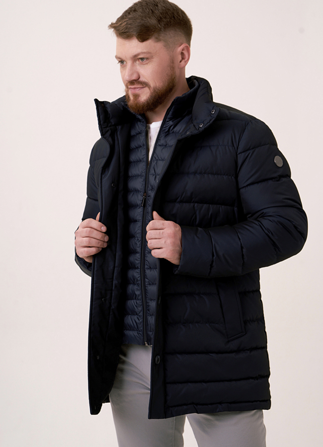 фото Куртка синего цвета прямая на био пухе модель № 3254