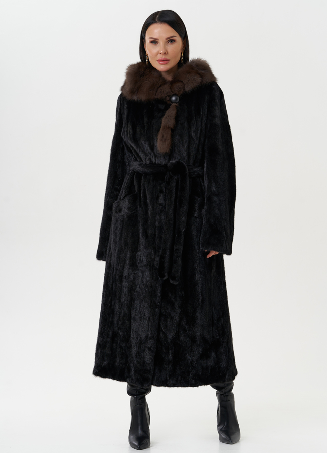 Шуба из норки с капюшоном из меха куницы модель № 28023 универмаг малина