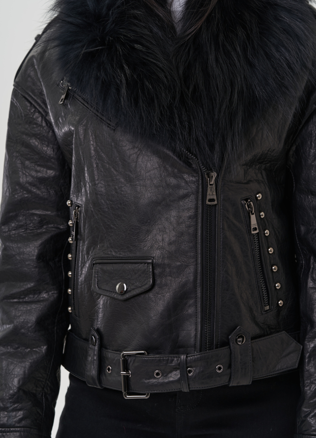Женская куртка из натуральной кожи с отделкой из меха песца модель № 25372 в рассрочку
